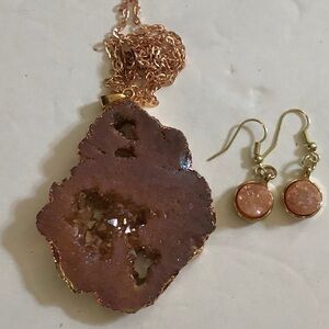 RoseGold Druzy Quartz Geode Slice Pendant/Earrings